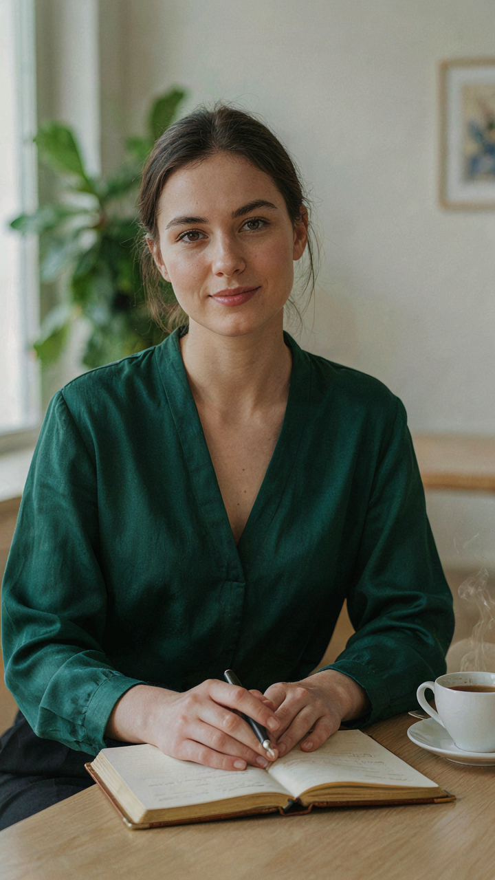 Hands holding a leather journal and pen on a light wood table with coffee.