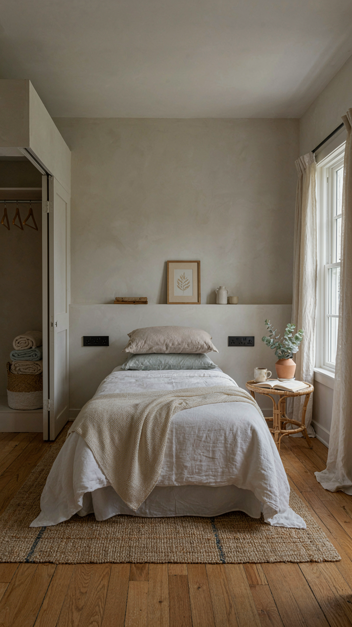 A farmhouse guest room with bedside outlets and a basket of blankets.