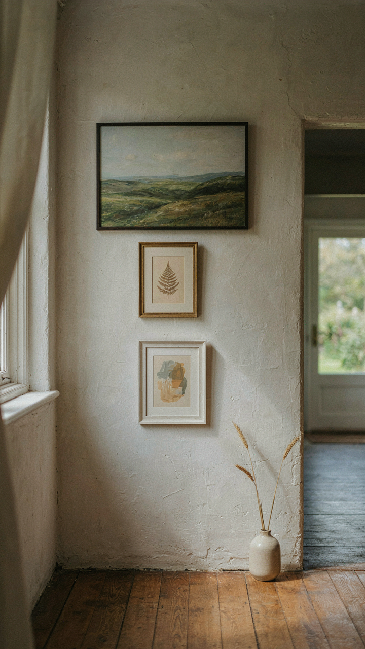 A cottage hallway wall displays three art pieces with ample space between them.