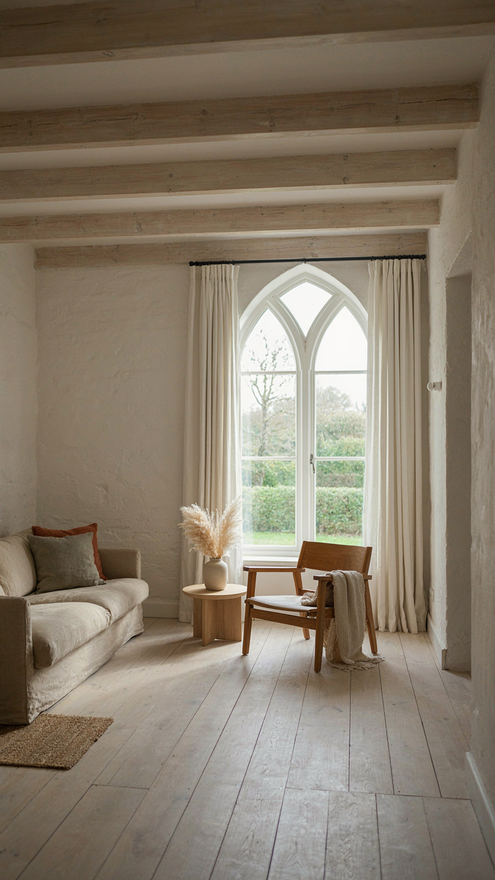 A spacious white cottage room with high ceilings and only four pieces of furniture.