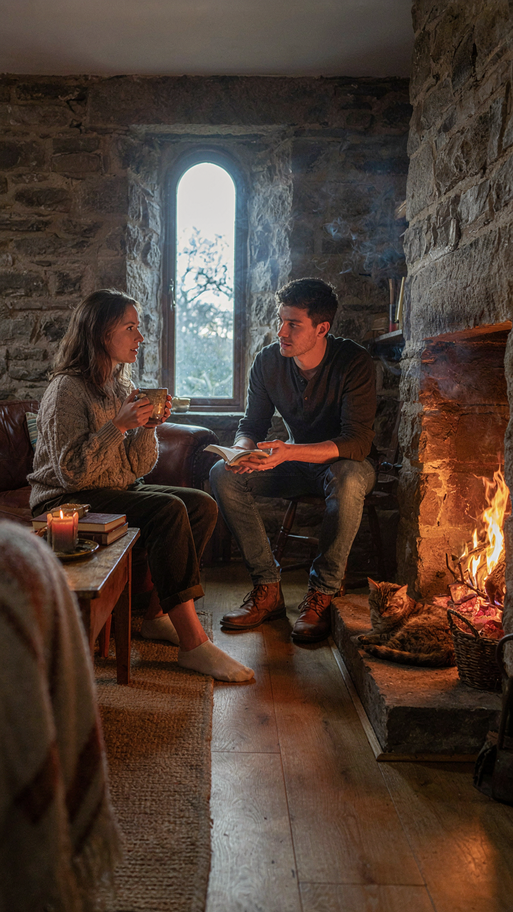 People gathered comfortably around a brightly burning cottage fireplace.