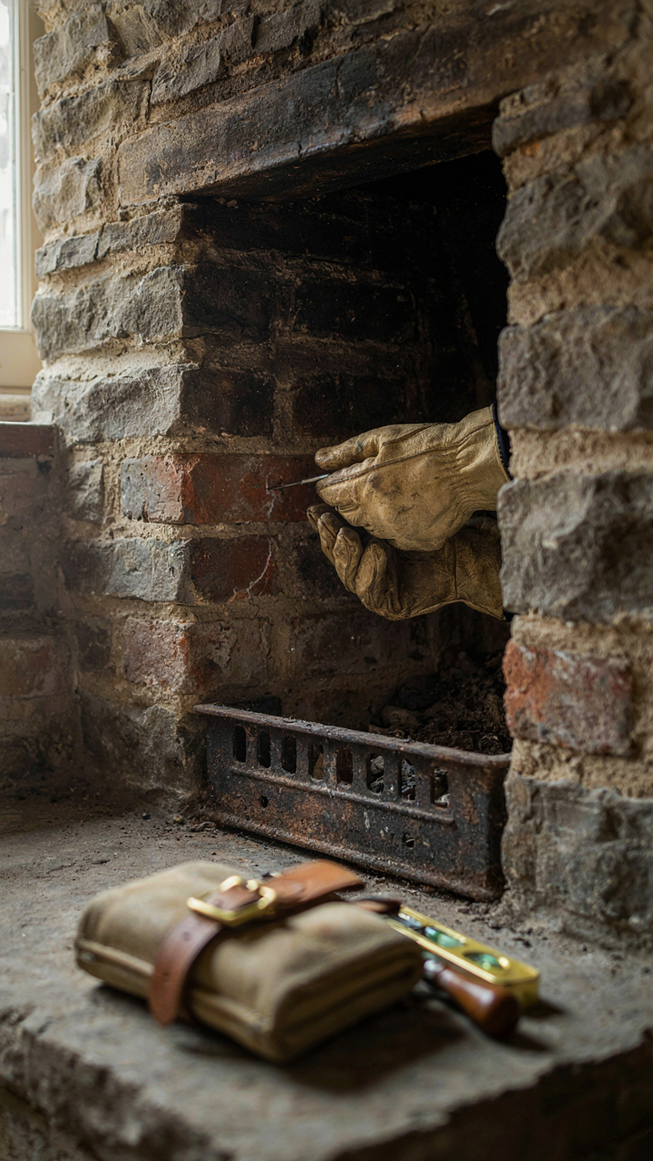 A mason's gloved hands inspecting a crack inside an old cottage fireplace.