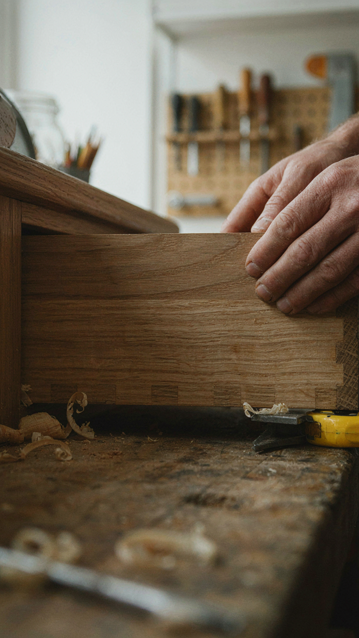A carpenter builds a solid oak vanity drawer using dovetail joinery.