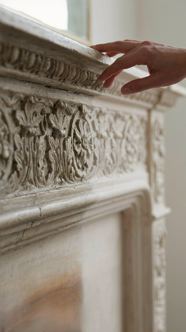A hand touches a hand-carved Victorian mantel showing subtle imperfections.
