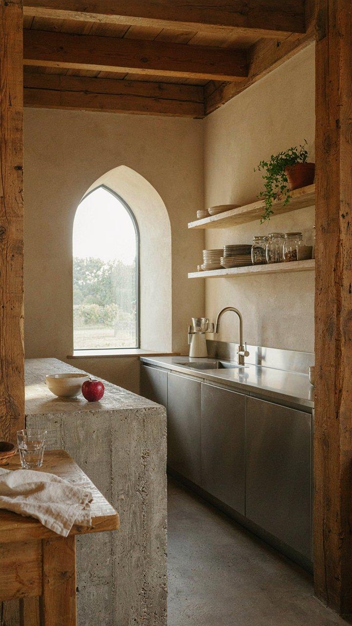 A modern kitchen with stainless steel and concrete sits within a converted barn.