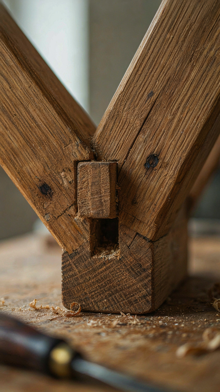 A close-up of a well-crafted mortise and tenon joint in aged wood.