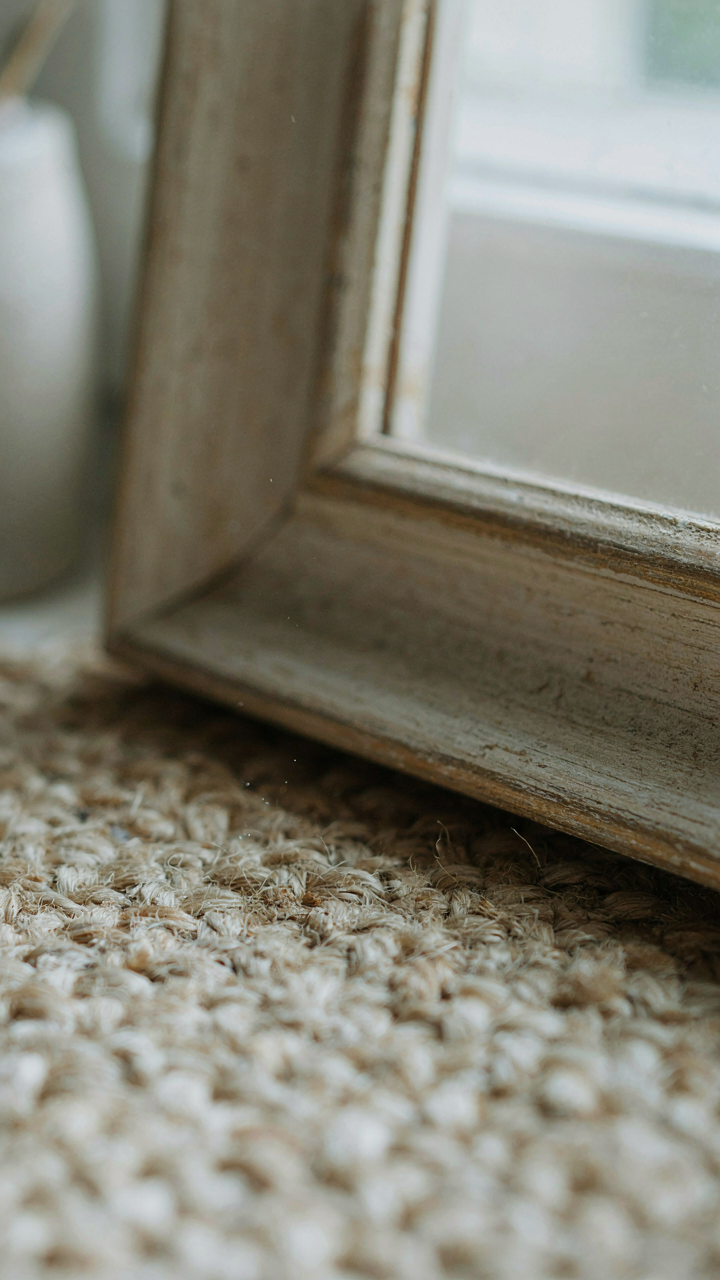 Dust collects in the intricate textures of a woven placemat and distressed wood frame.