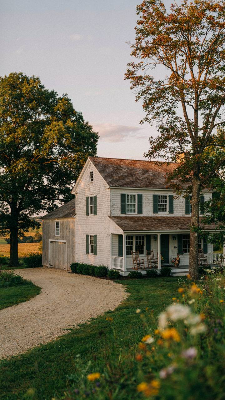 A farmhouse where the garage is hidden behind the main house by trees.