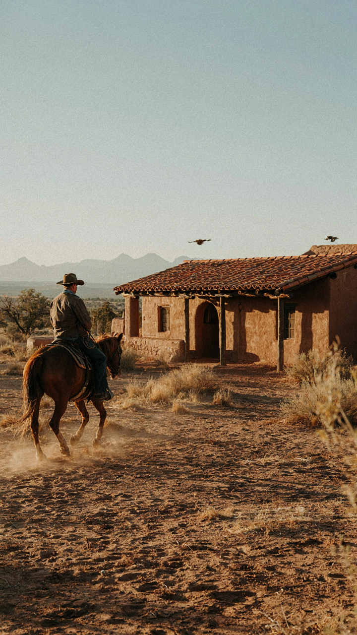 An old Spanish colonial ranch house with thick stone walls and a deep porch.
