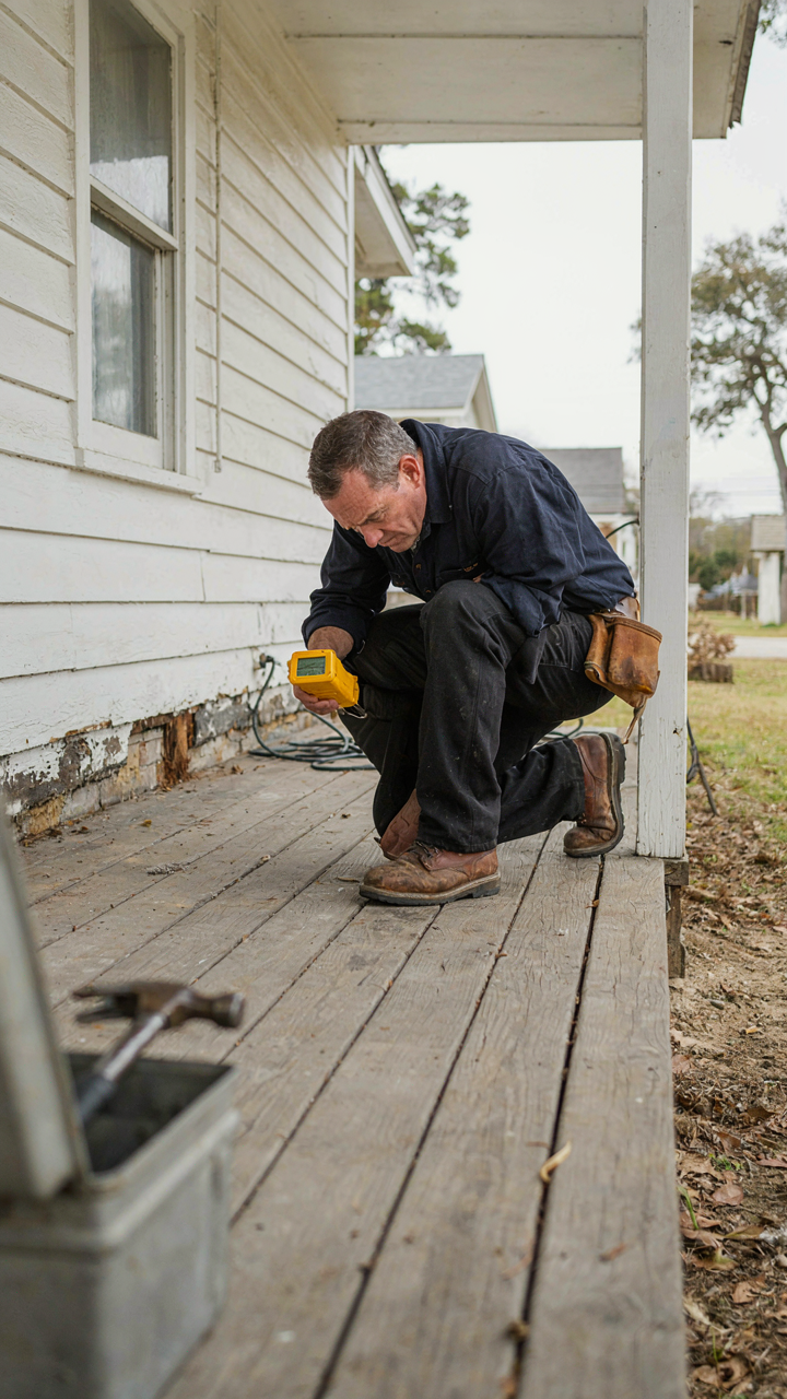 A person inspects the wooden foundation under a wraparound porch for moisture and rot.