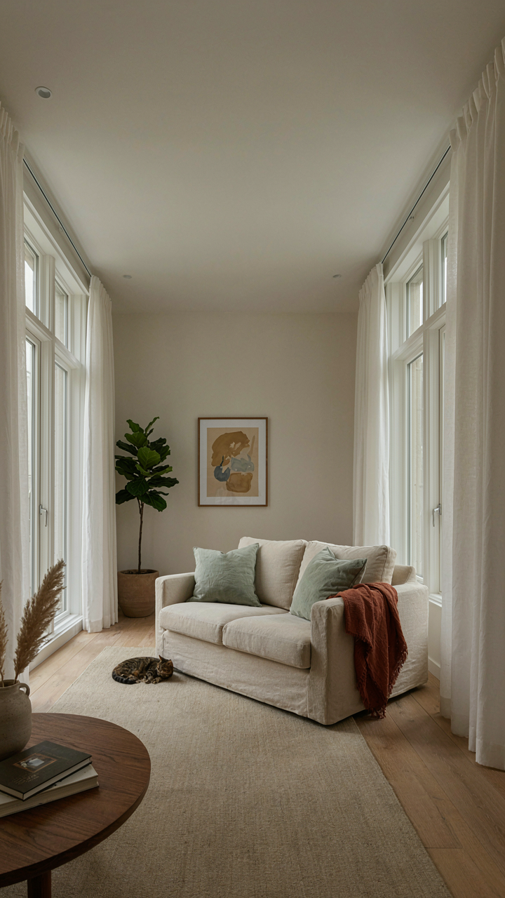 A bright living room with large windows provides ample natural light.