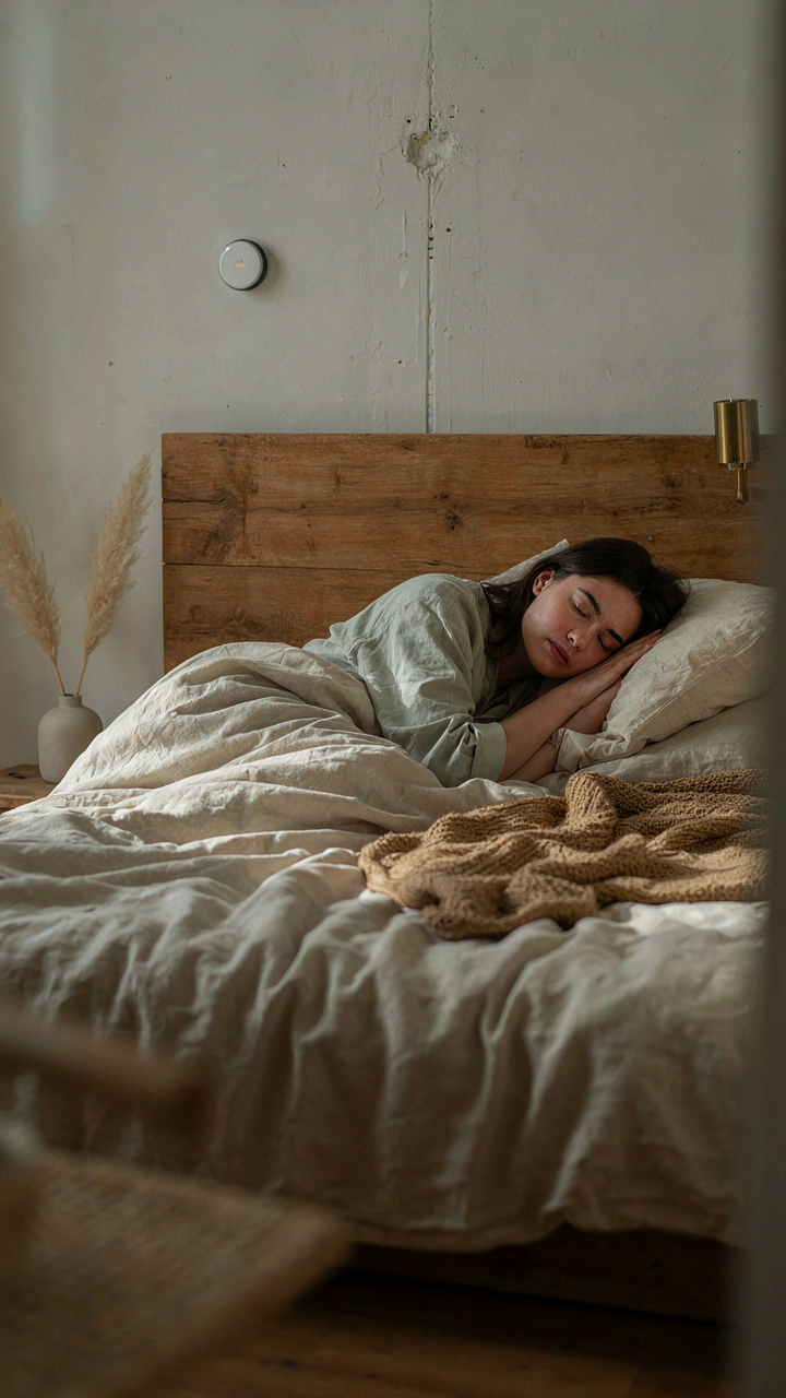 A person sleeping soundly in a modern rustic bedroom with a smart thermostat.