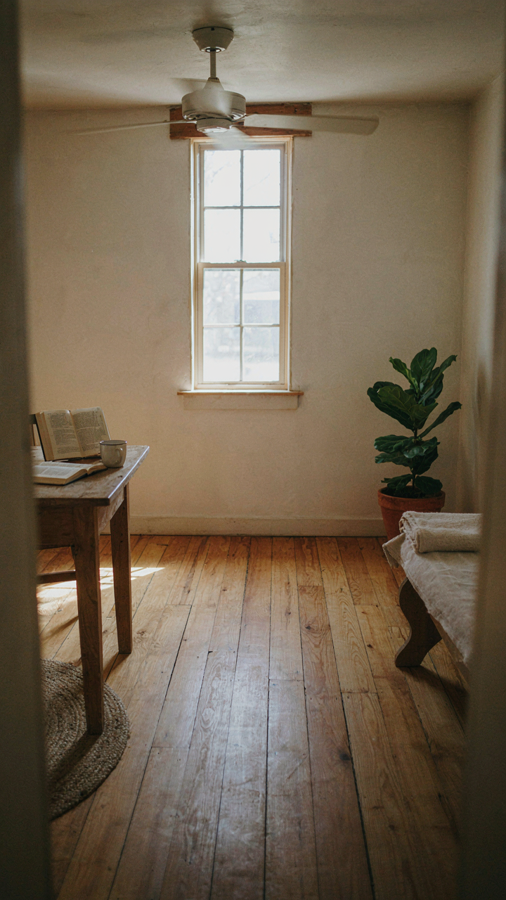 A ceiling fan quietly rotates in a warm one room cabin, circulating air.