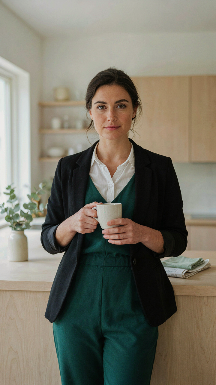 A woman in a green jumpsuit holds a mug at a light wood kitchen counter.