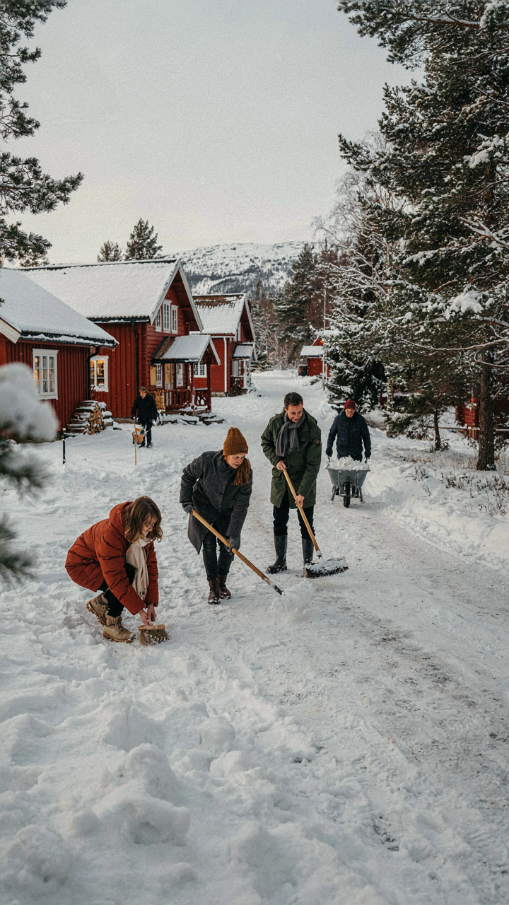 People clearing a snowy path to cabins, showing community effort.