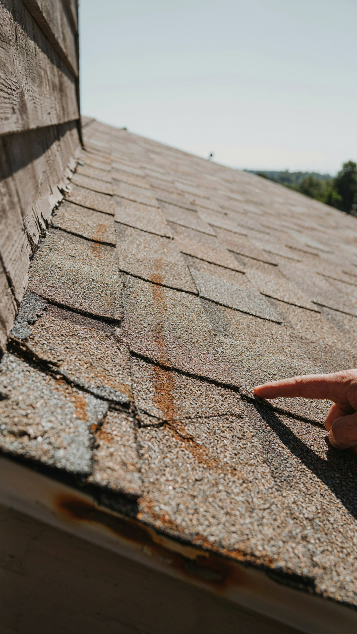 A hand points to cracked and faded asphalt shingles on a shed roof.