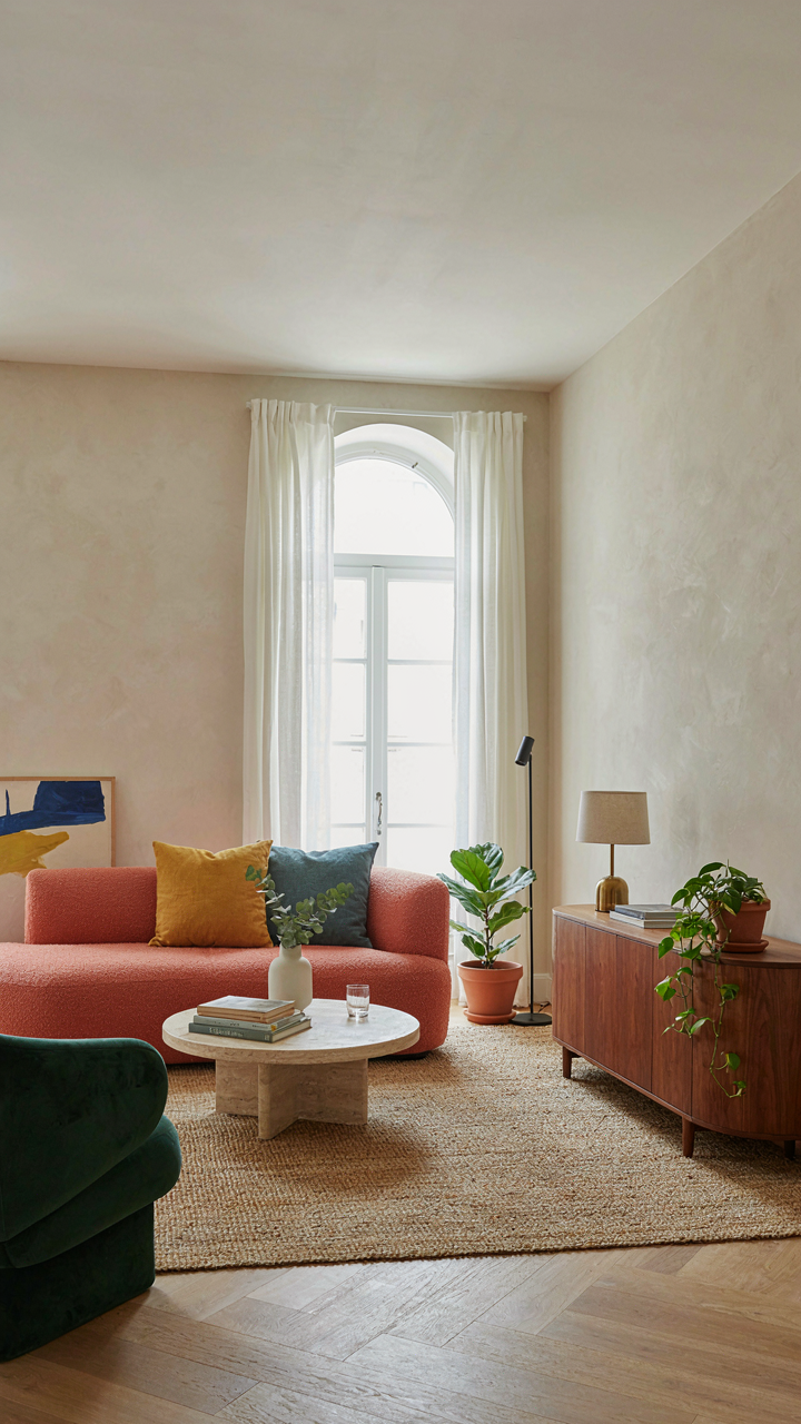 A living room corner with three light sources: ceiling, reading lamp, and sconce.