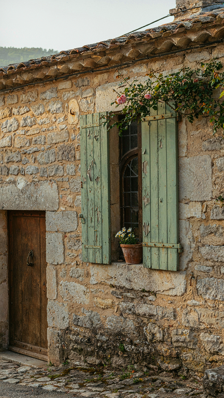 Weathered wooden shutters on a rustic stone cottage.