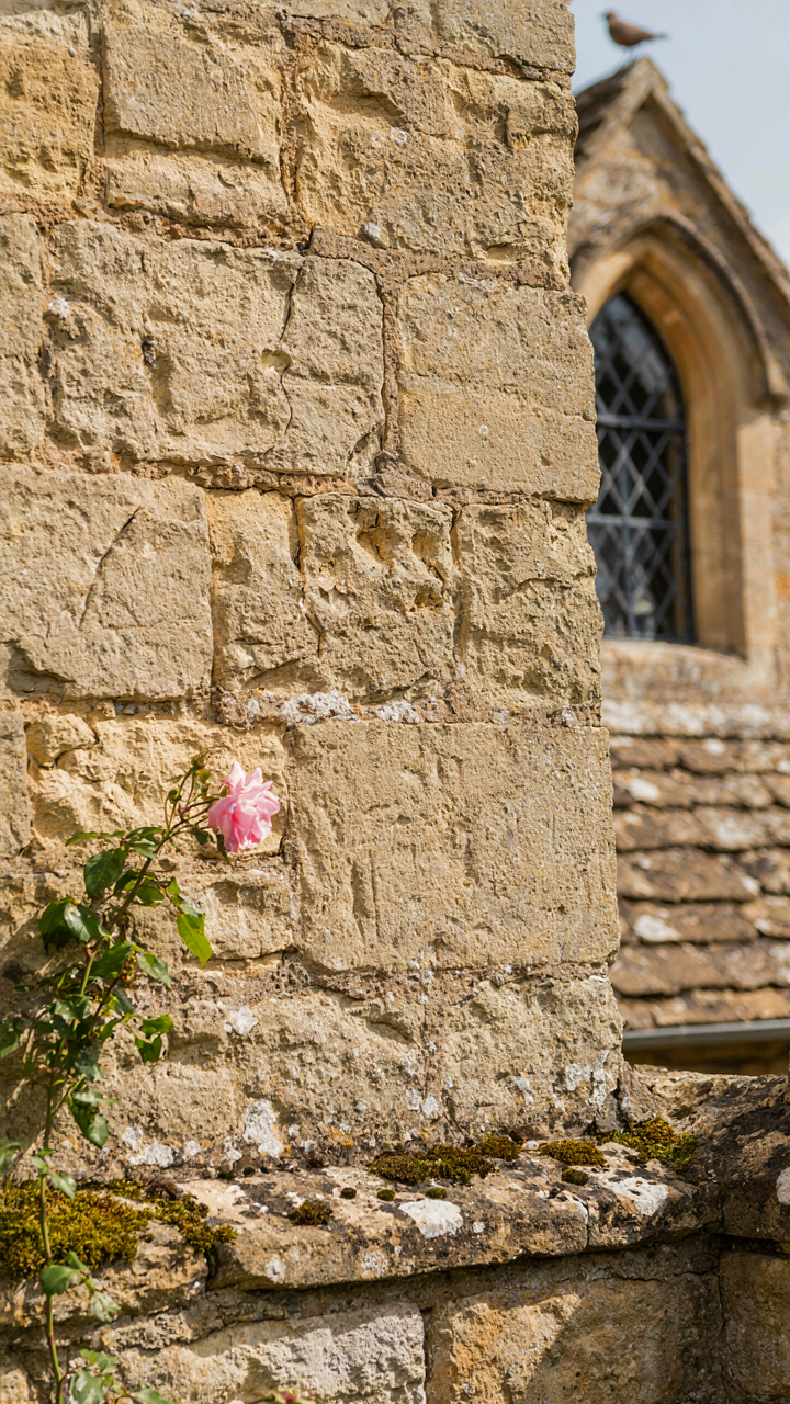 Close-up of a Cotswold cottage wall made from rough stone and thick lime mortar.