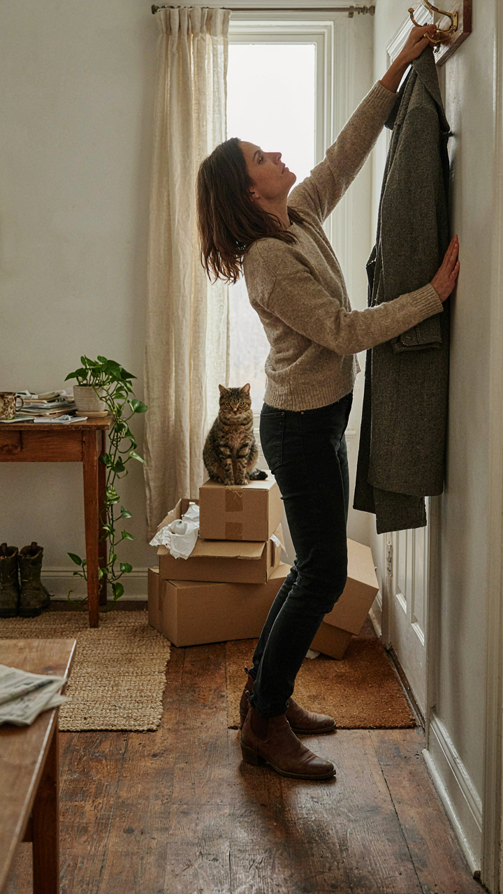 A person stooping to reach a high coat hook in a cluttered cottage entryway.
