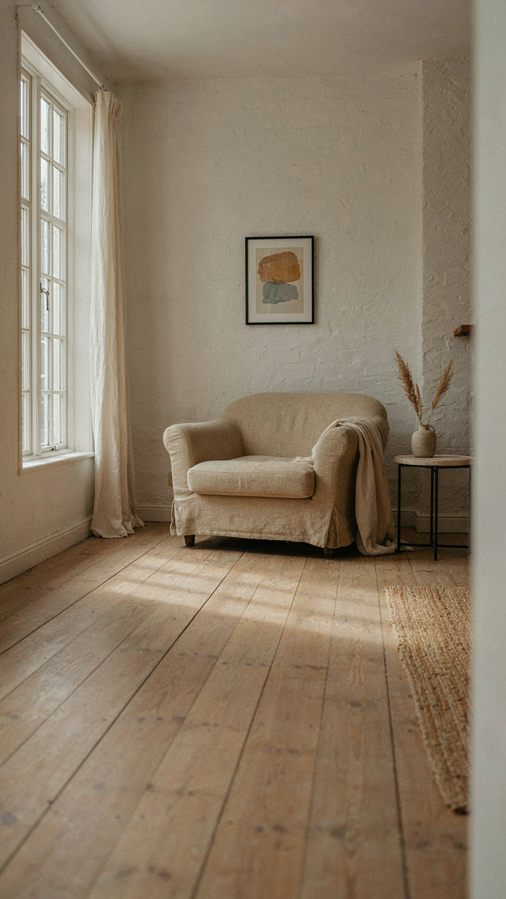 An uncluttered white cottage living room, bathed in sunlight, with one armchair.