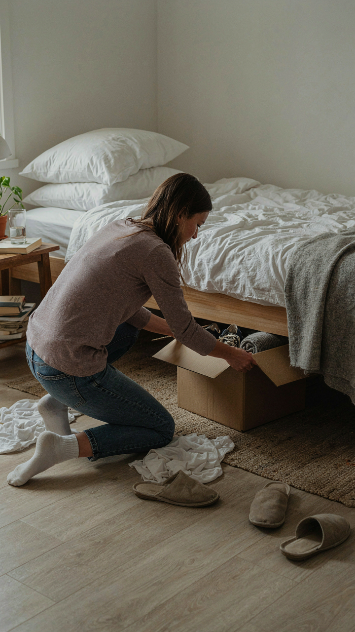 A person bending to access storage under a bed in a cramped one bedroom cottage.