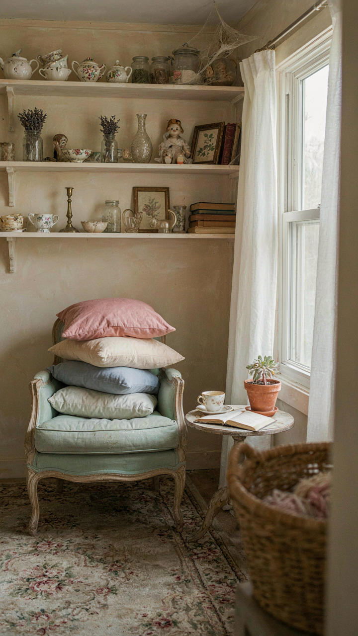 A dusty, overly decorative she shed interior with matching pillows and unused items.