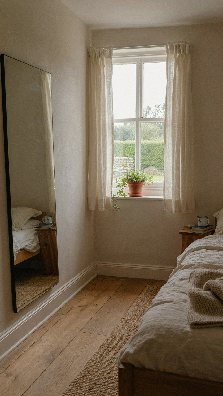 A simple mirror on a wall reflects an outdoor scene from an opposite window.