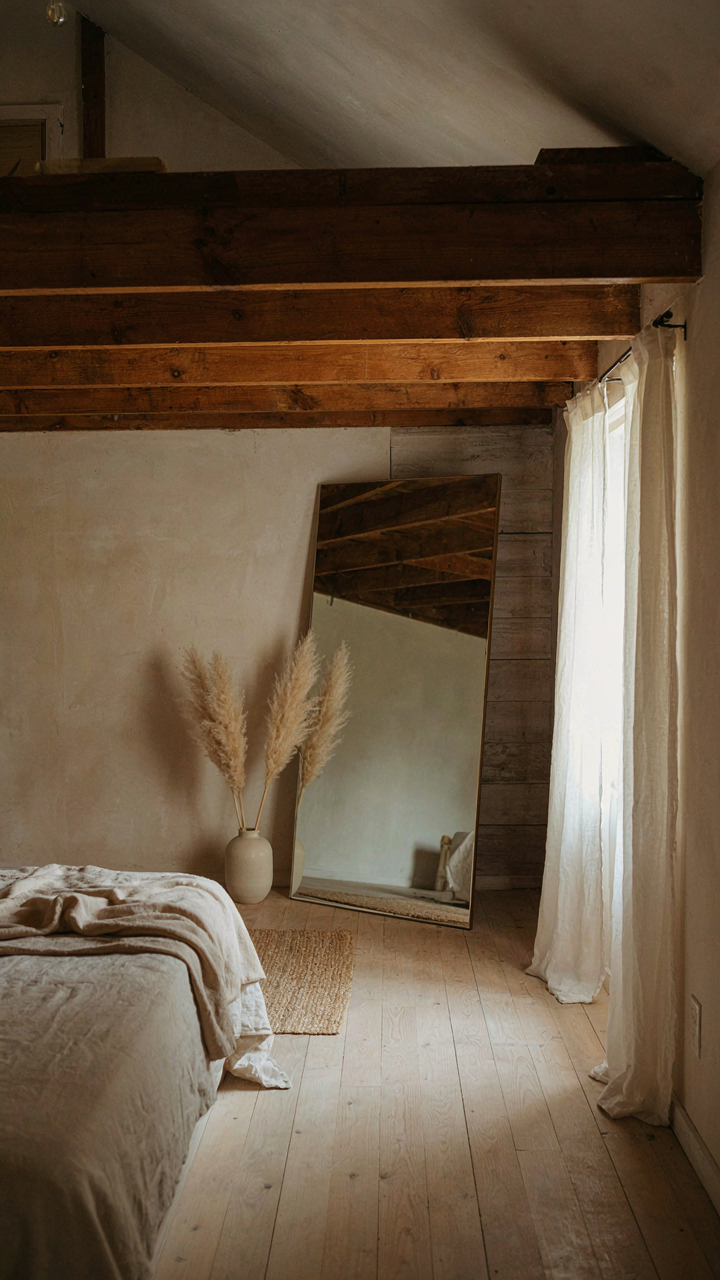 A large mirror near a corner reflects light and space in a barn loft bedroom.