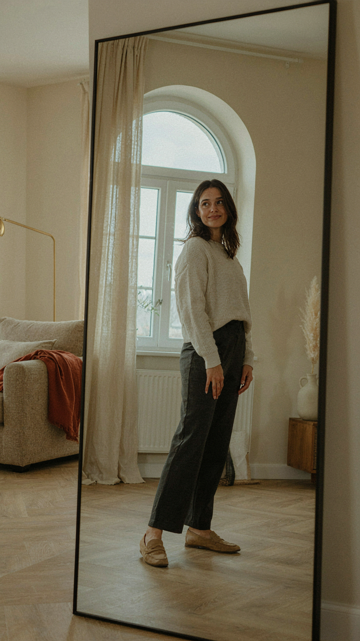 A confident person's reflection in a mirror shows contentment in a simple, elegant room.