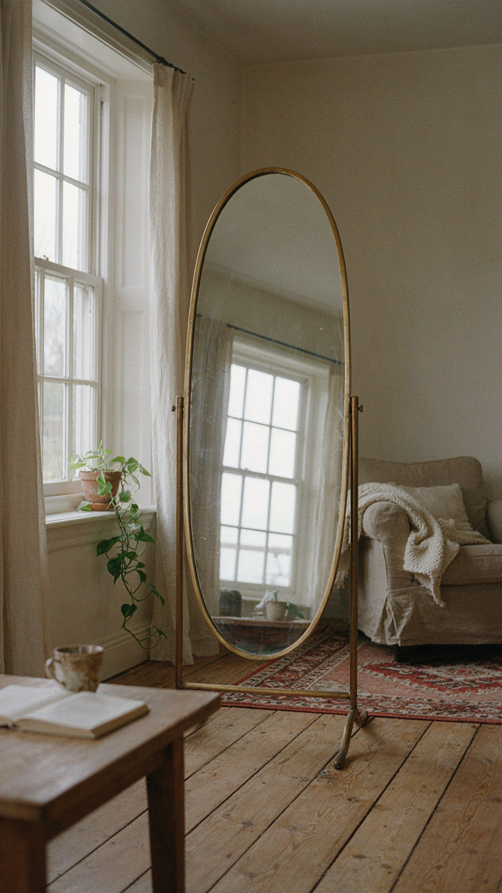 A large mirror reflects natural light from a window in a small farmhouse room.