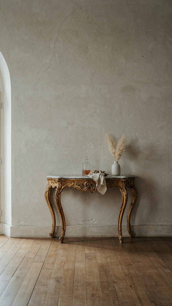An ornate console table stands alone against a large, empty wall.