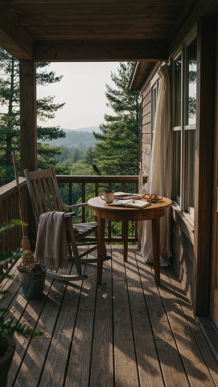 An outdoor workspace on a cabin's wraparound porch with a table and tools.