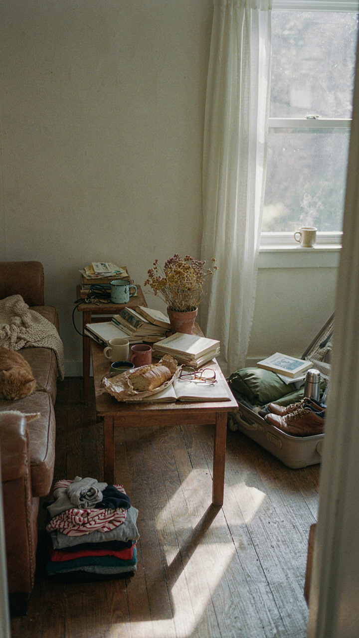 A small cabin living area with many items openly displayed on surfaces.
