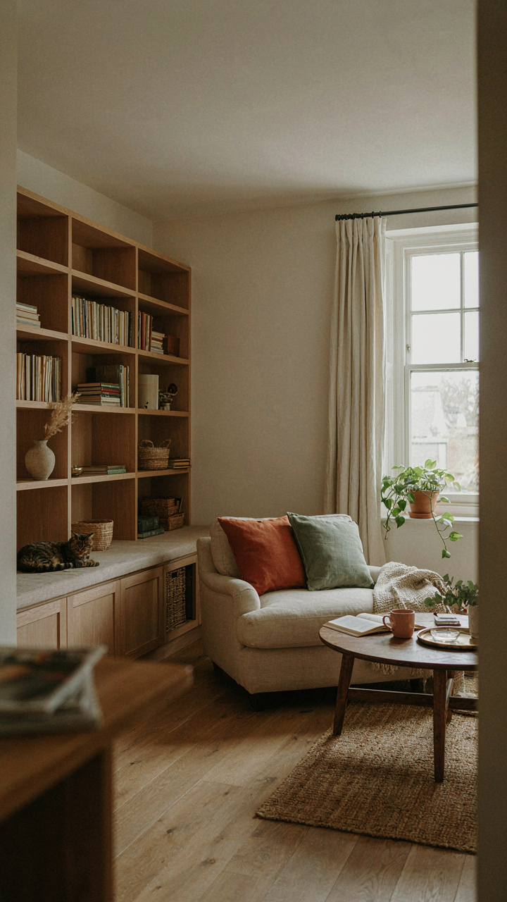 A small cottage living room with a continuous built-in unit creating visual calm.