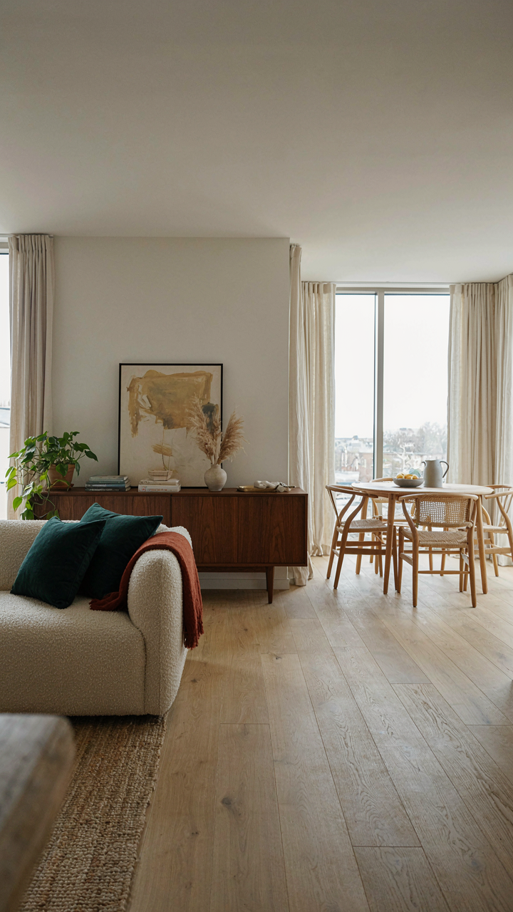 A modern small living room with a low credenza separating zones.