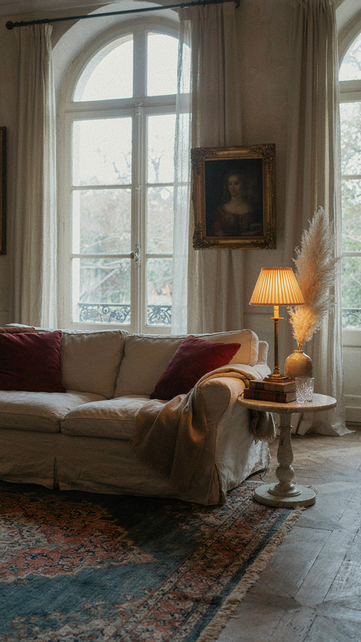 A comfortable linen sofa in a functional French chateau living room setting.