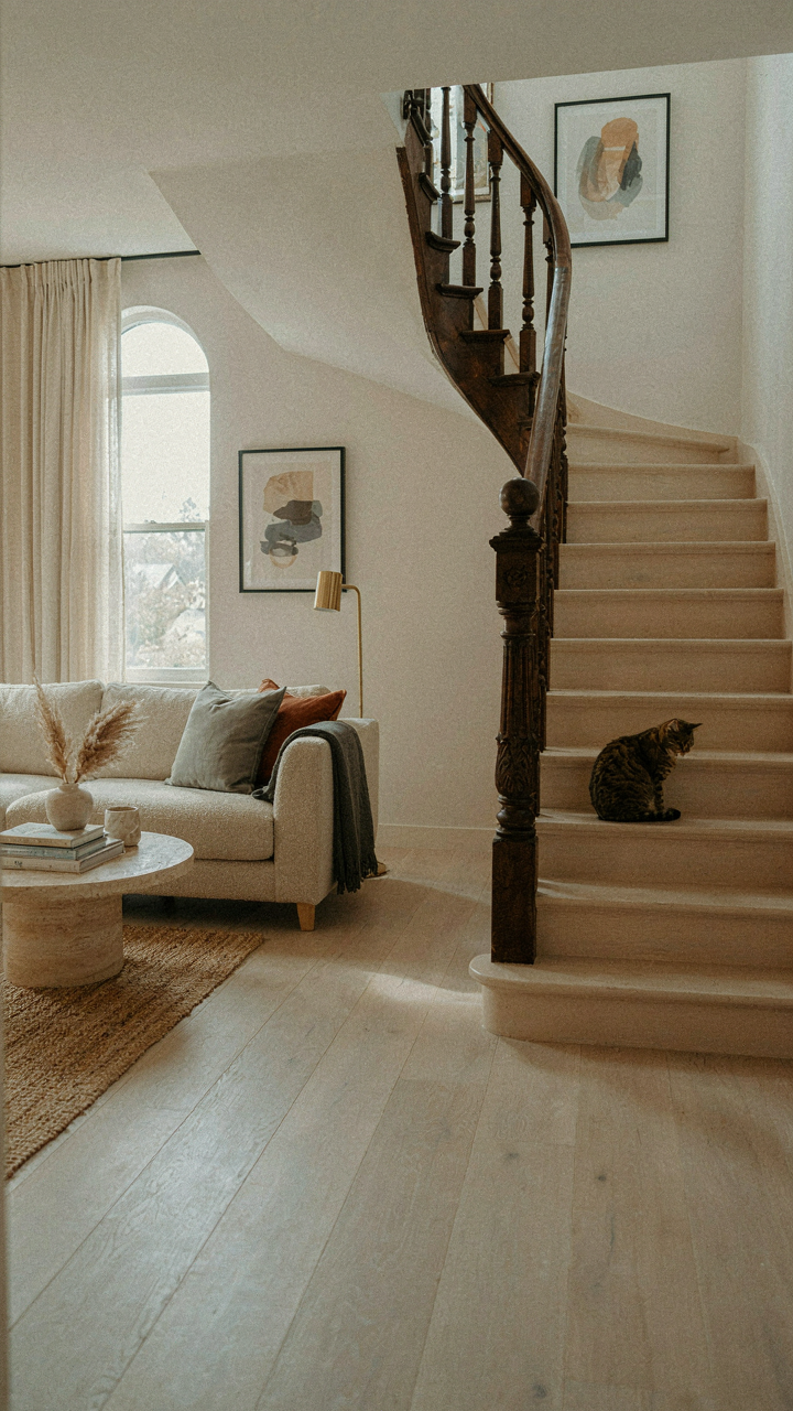 A modern open-plan room with a grand Victorian staircase as a central feature.
