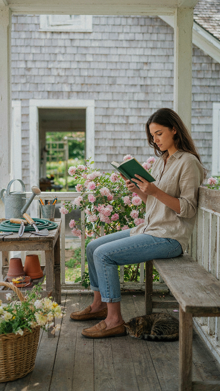 A person reads on a side porch section, showing extended home functionality.