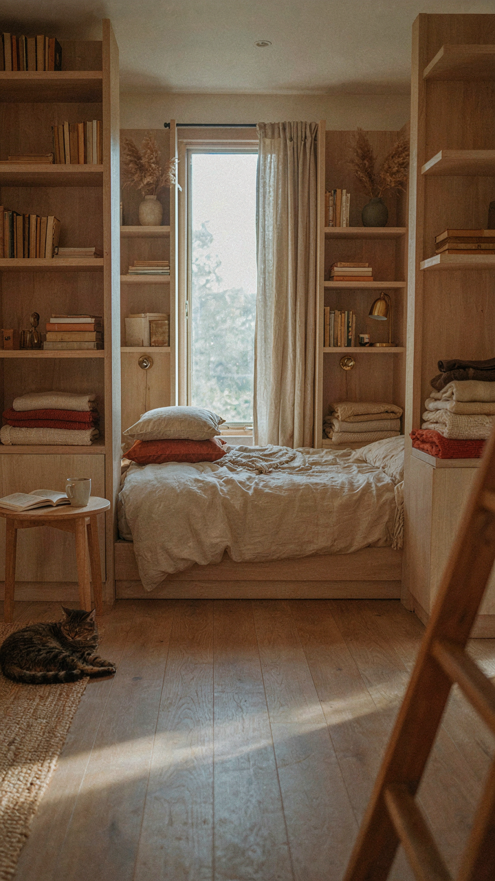 A compact cabin loft with a Murphy bed built into wall shelving.