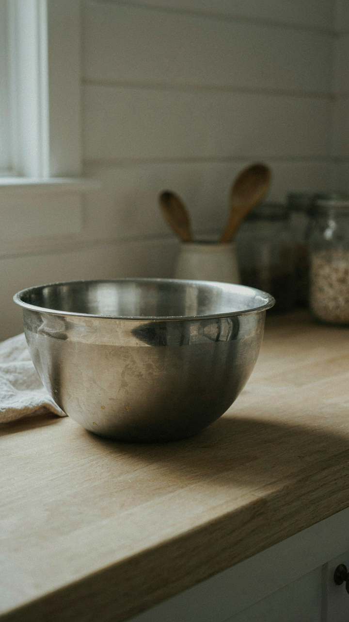 A single mixing bowl on a clean counter in a minimalist cabin kitchen.