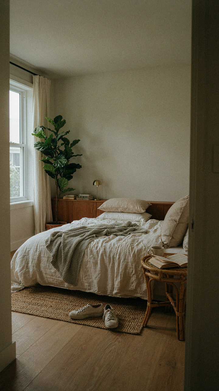 A cozy bedroom with a comfortable bed and natural light from a large window.