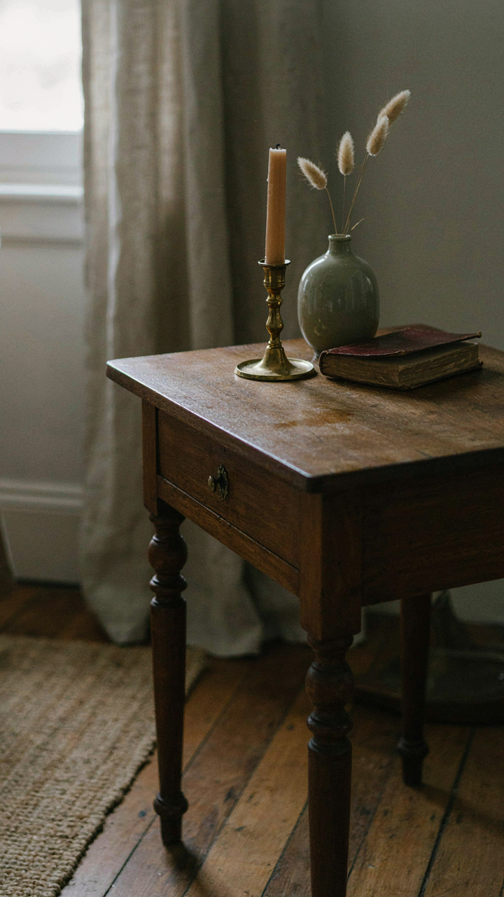 An antique side table with a faint water ring, showing its natural history.