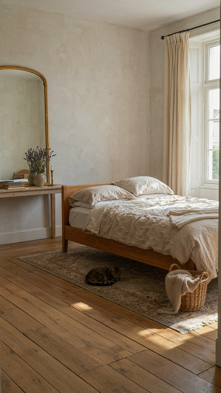 An intentionally asymmetrical bedroom with an off-center bed and a large mirror.