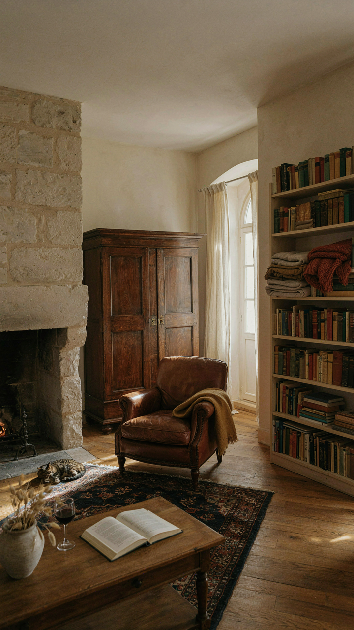 An asymmetrical French country living room with a fireplace and varied furniture.
