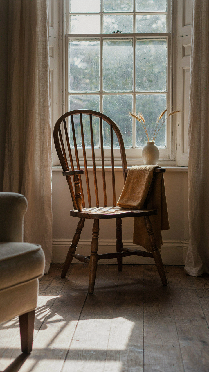 An old Windsor chair with a rich patina sits by a window.