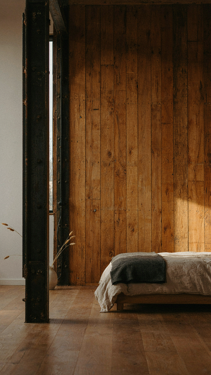 A steel I-beam creates contrast against a warm timber wall in a bedroom.