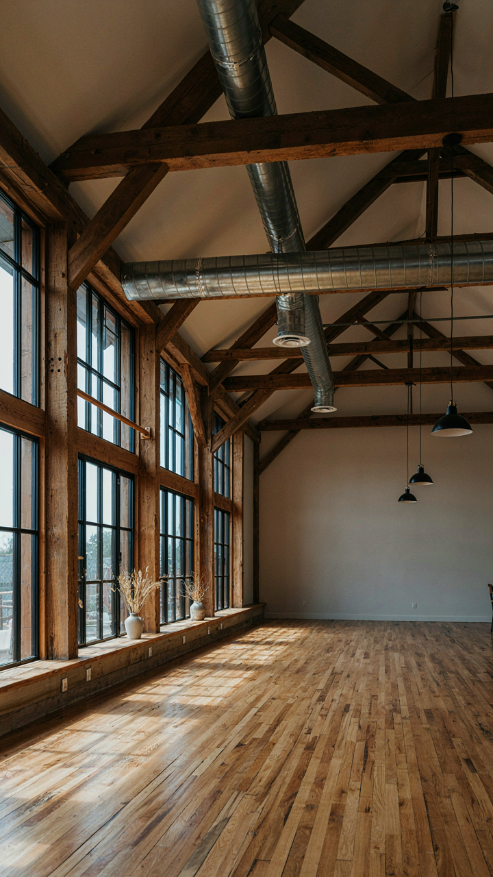 A modern HVAC duct runs along the high ceiling ridge line of a converted barn.