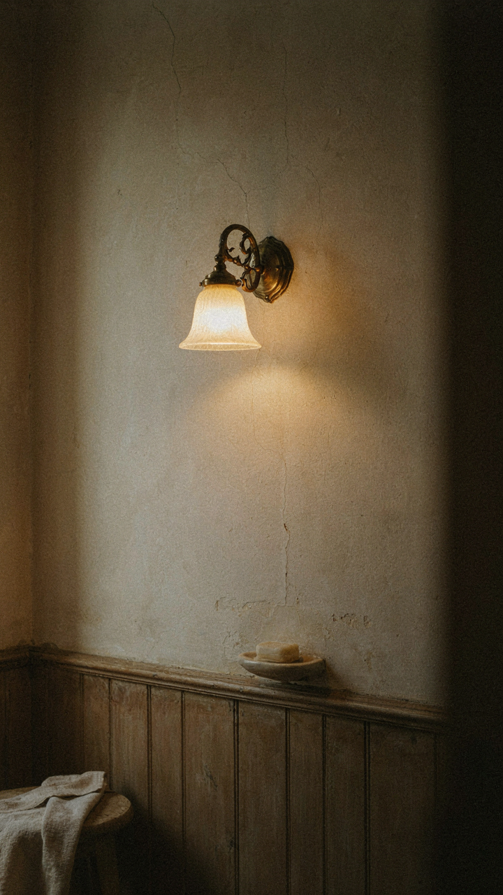 An antique brass wall sconce with frosted glass in a chateau bathroom.