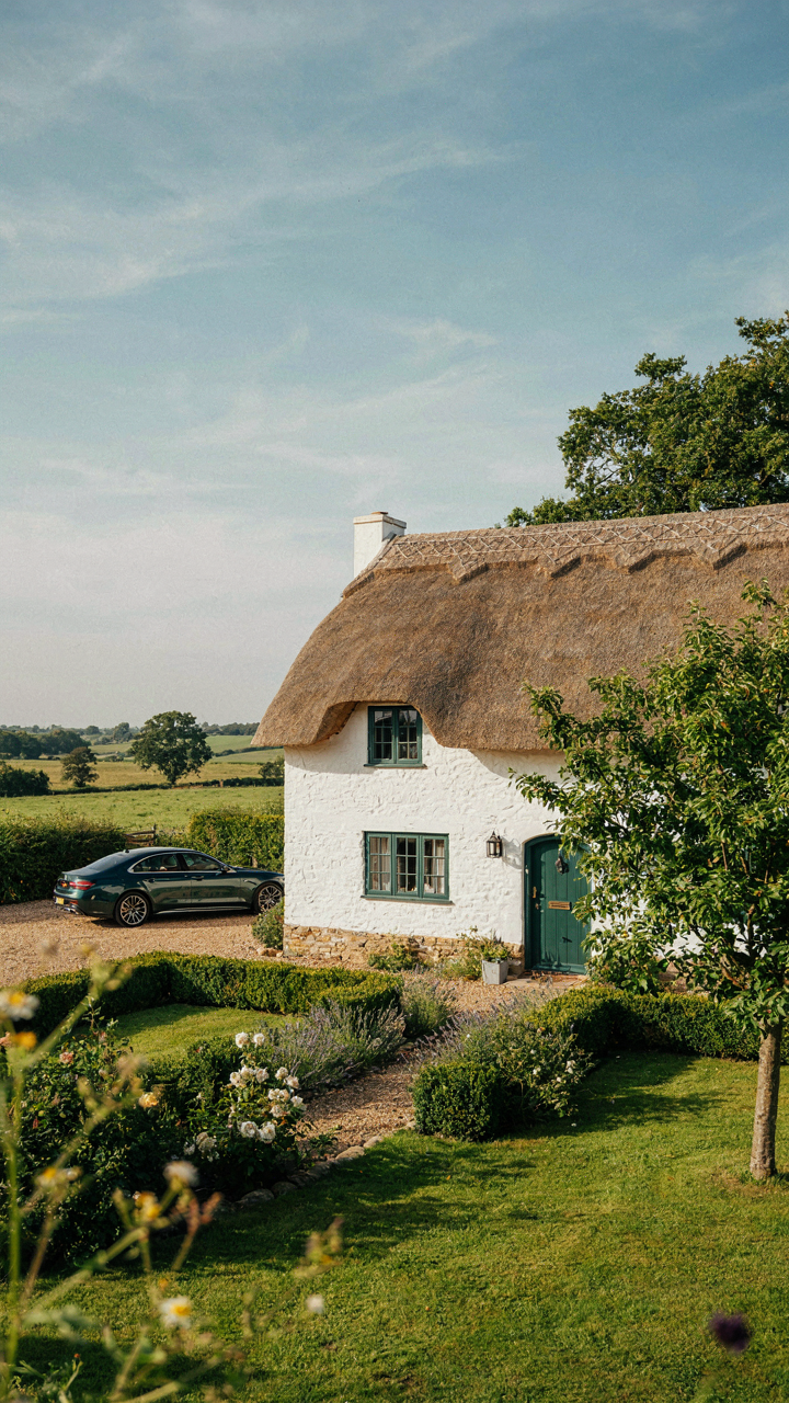 A perfect, high-end thatched roof cottage with a luxury car.